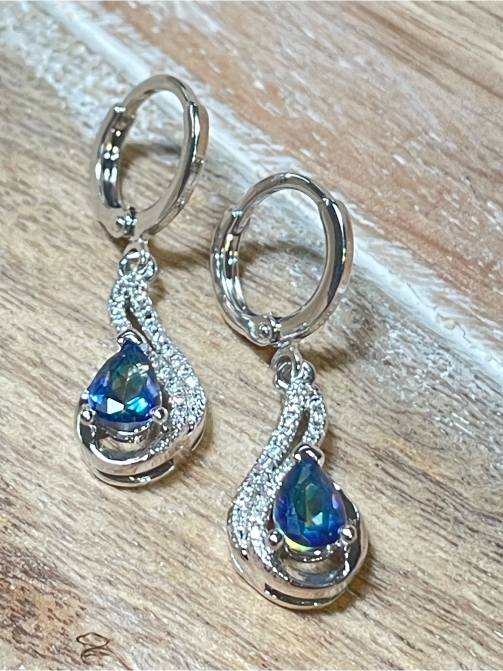 Blue Green AB Mystic Stone Teardrop Dangle Earrings in Silver Tone Setting - Picture 3 of 4